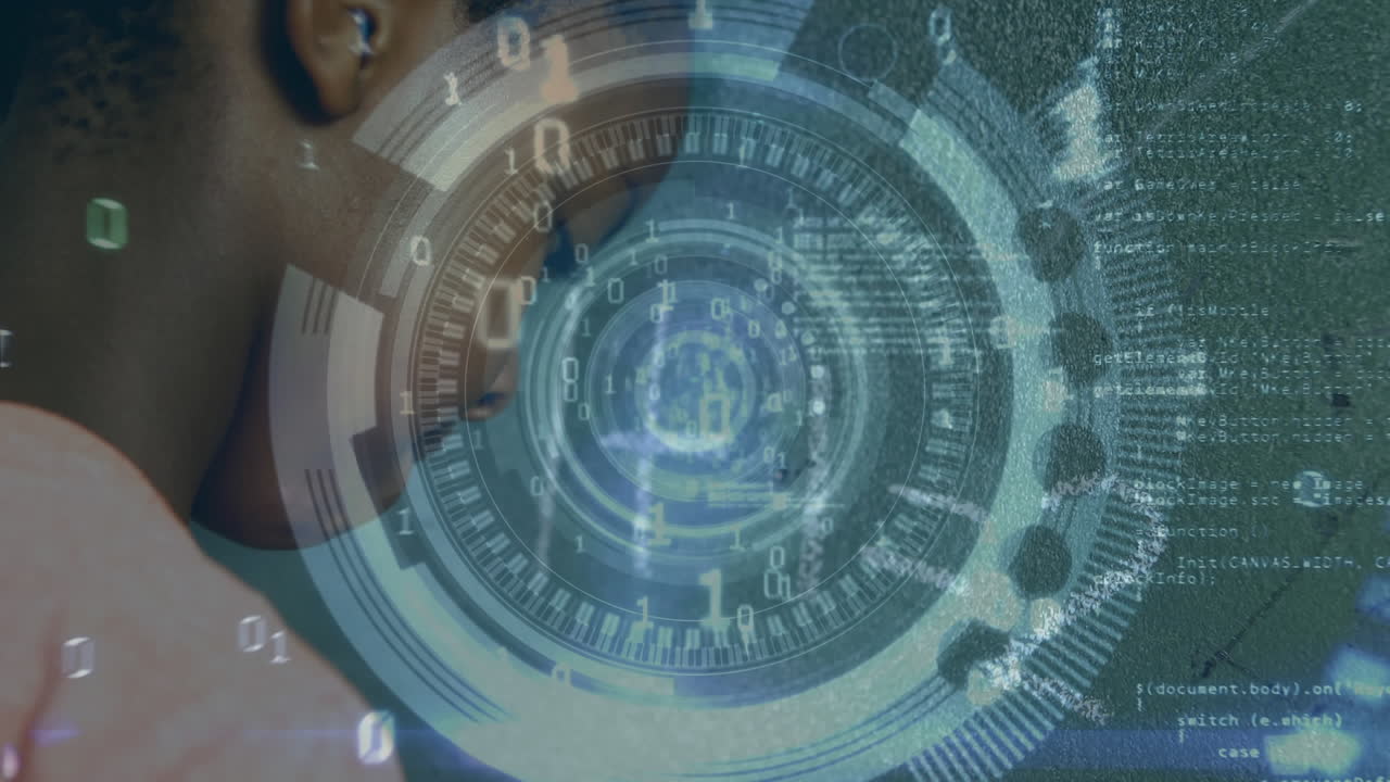 animación de una niña escribiendo en una pizarra con escaneo de alcance en el fondo