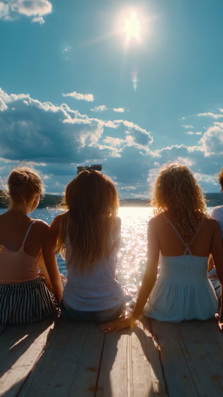 Quattro amici si godono un momento di serenità in riva al lago, mentre nuvole incantevoli aleggiano sopra di loro e la luce del sole danza sull'acqua, creando un'atmosfera tranquilla e meravigliosa