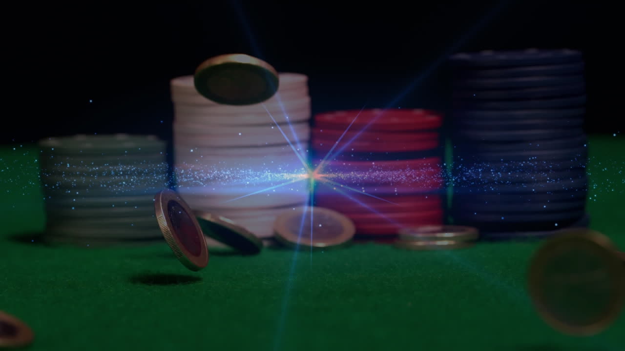 pilas de fichas de póquer con animación de dinero en caída libre