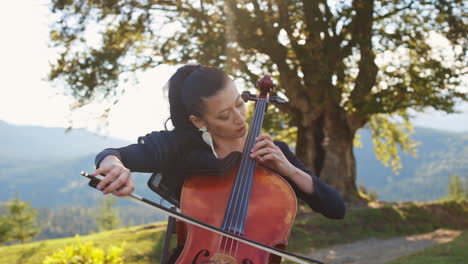 performing classical music in the mountainous area. young adult female player wearing gorgeous black dress at nature backdrop in blur.