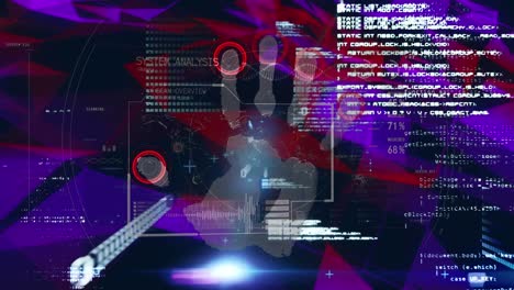 Animation-of-hand,-bionic-security-and-data-processing-over-red-and-violet-background