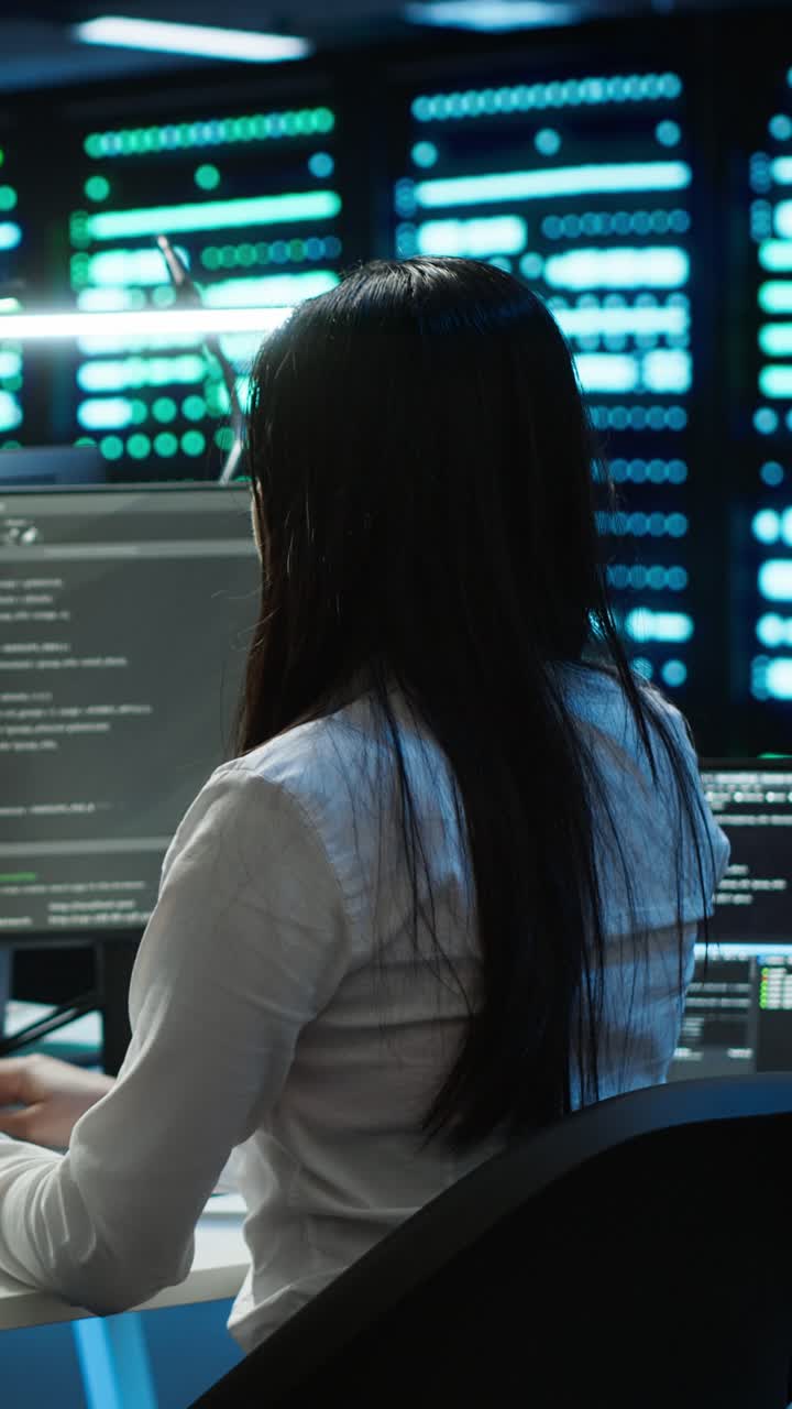 Programmatrice che lavora su più schermi di computer in un data center