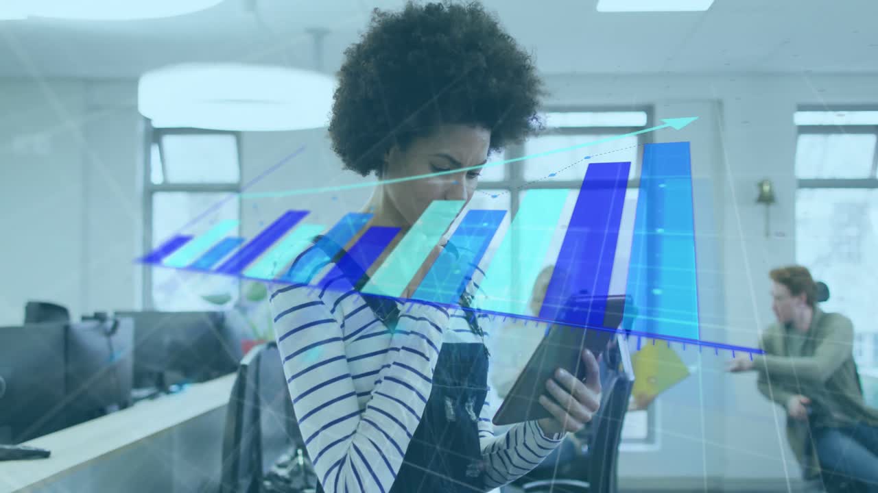 Animation of data processing over diverse business people at office