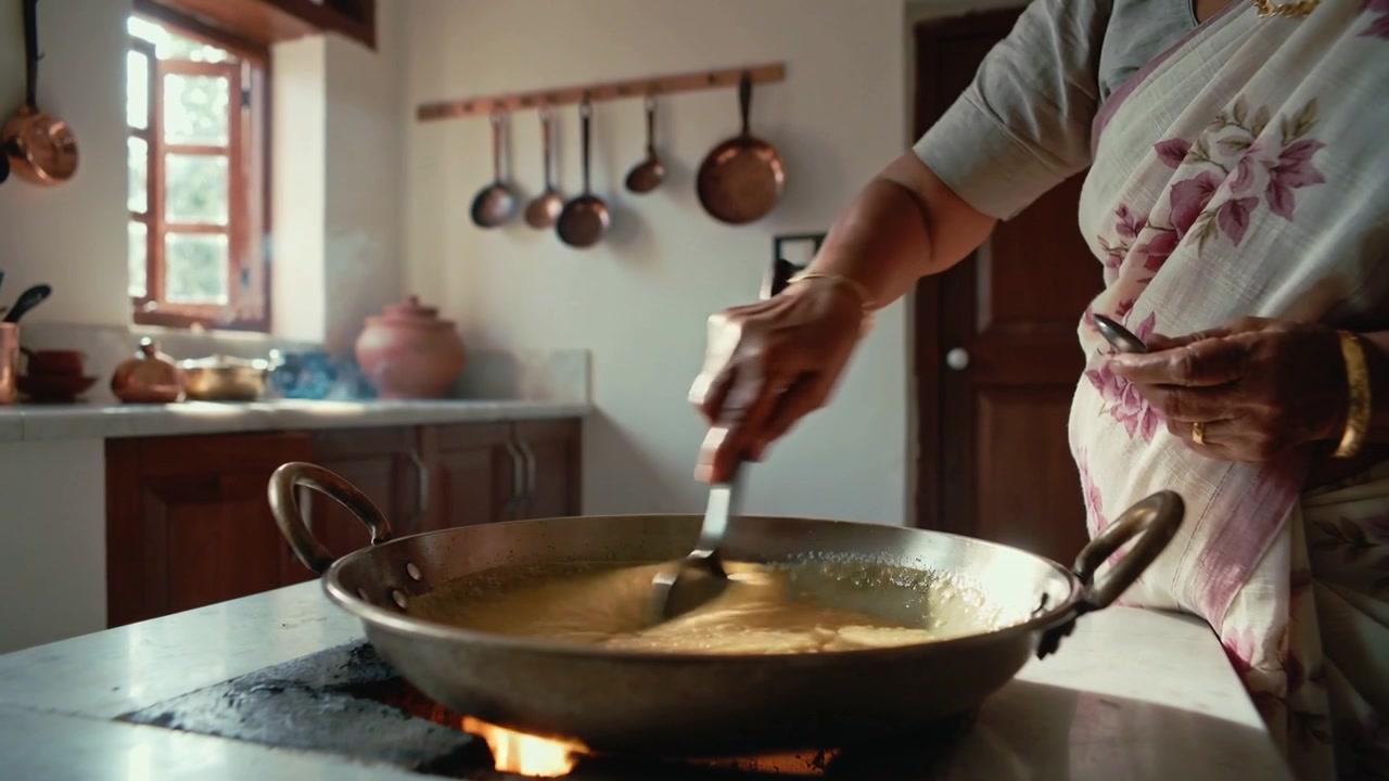 Femme indienne âgée en sari remuant une casserole en laiton bouillonnante avec une cuillère sur un brûleur, espace pour texte.