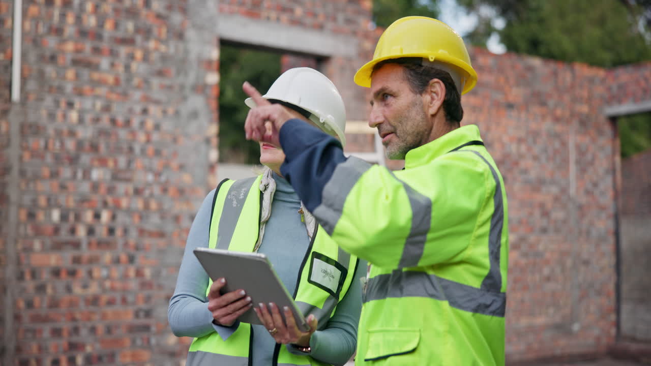 Construction workers collaborating on a building site using a tablet