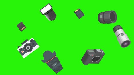 photography gadgets equipment animation, on green screen chroma key, graphic source elements