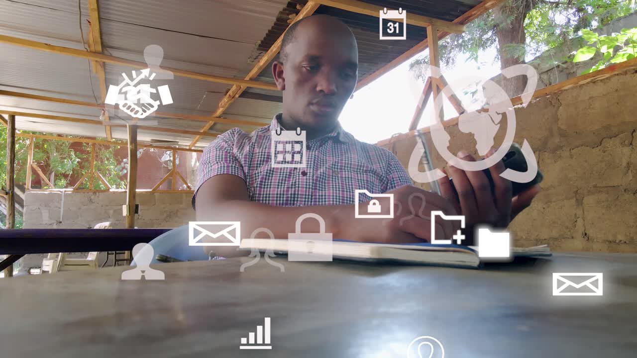 Futuristic graphical design of a man using phone