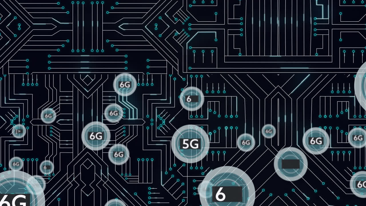 Animation of network of connections with 6g text on black background