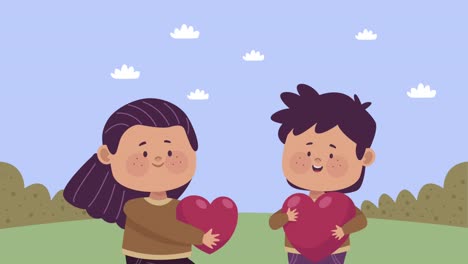 pequeños amantes levantando corazones en el campamento