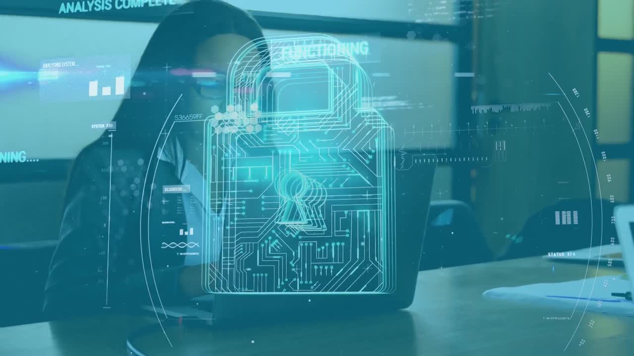 Animation of online security padlock and data processing over businesswoman using laptop