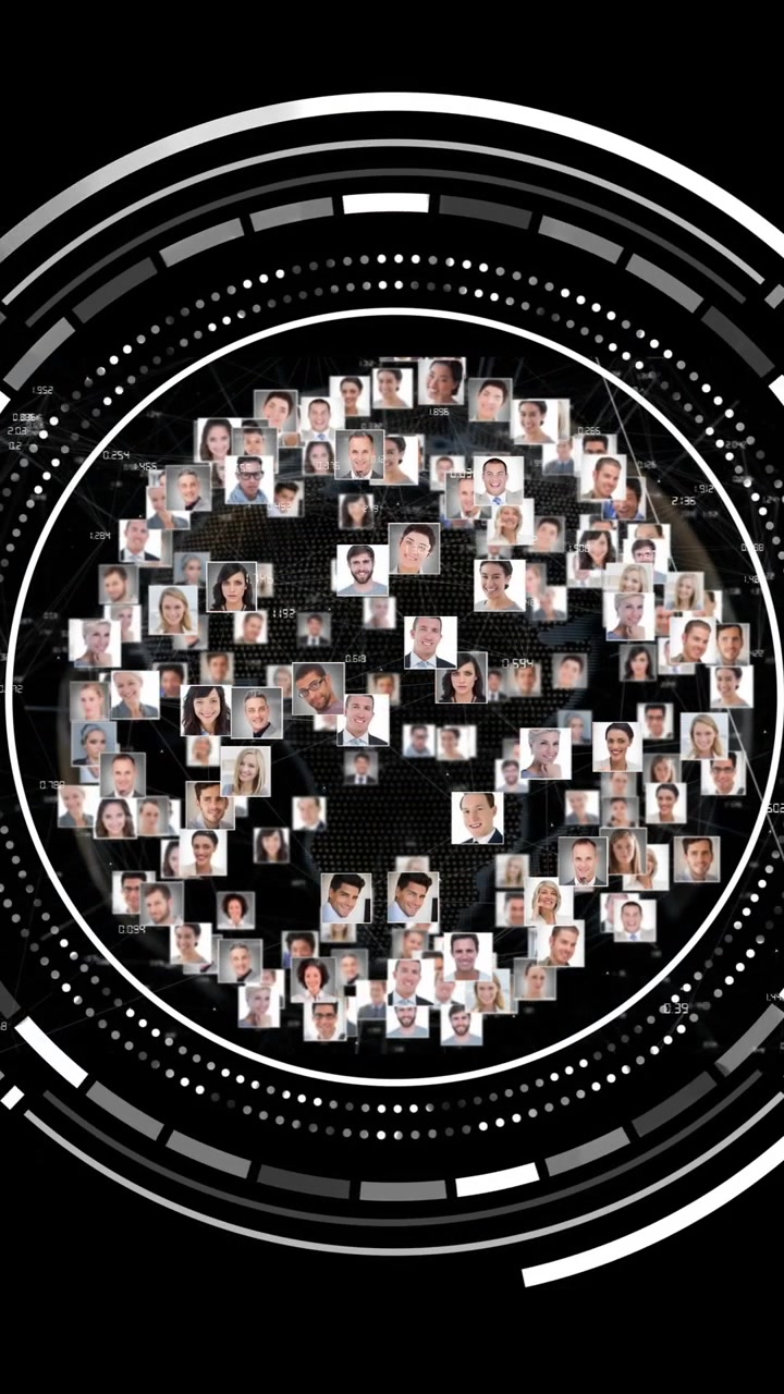 Animation of scope with photos and data processing over black background