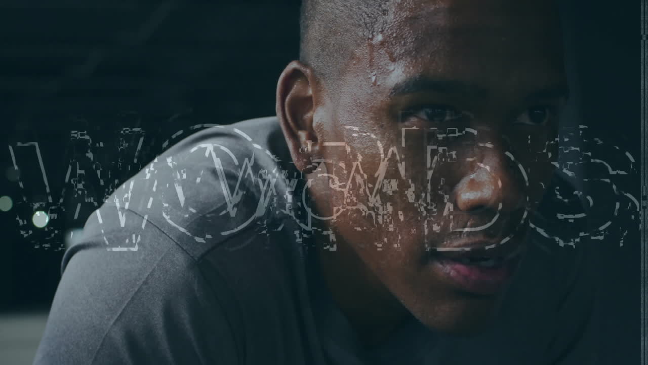 Male athlete pushing weight training, with teal glitch overlay highlighting fitness technology