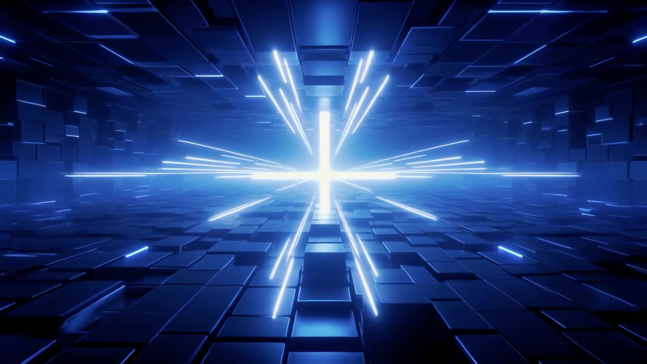 Abstract Futuristic Tunnel with Glowing Blue Light and Geometric Blocks
