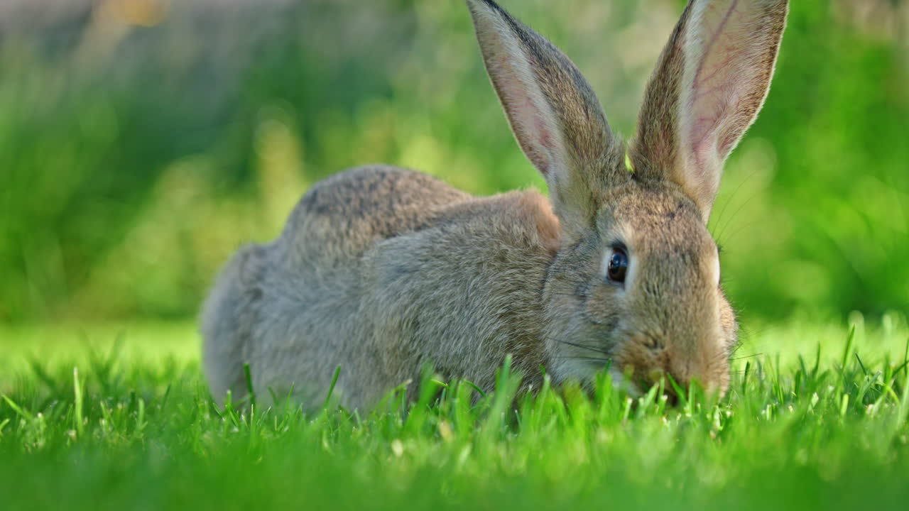 Roztomilý králík žeroucí zelenou trávu na slunném poli