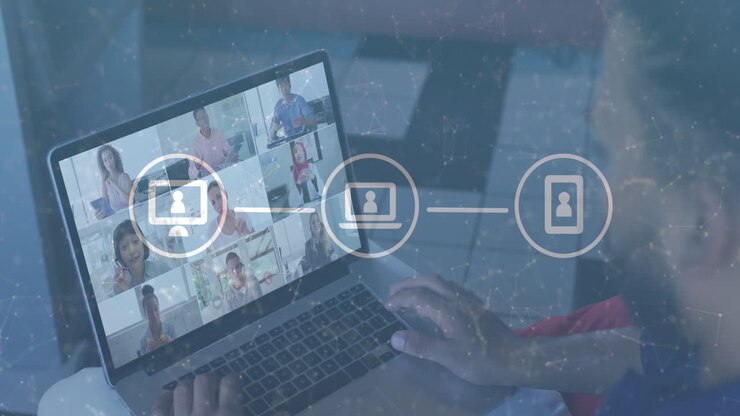 Animation of network of connections with icons over african american man having video call