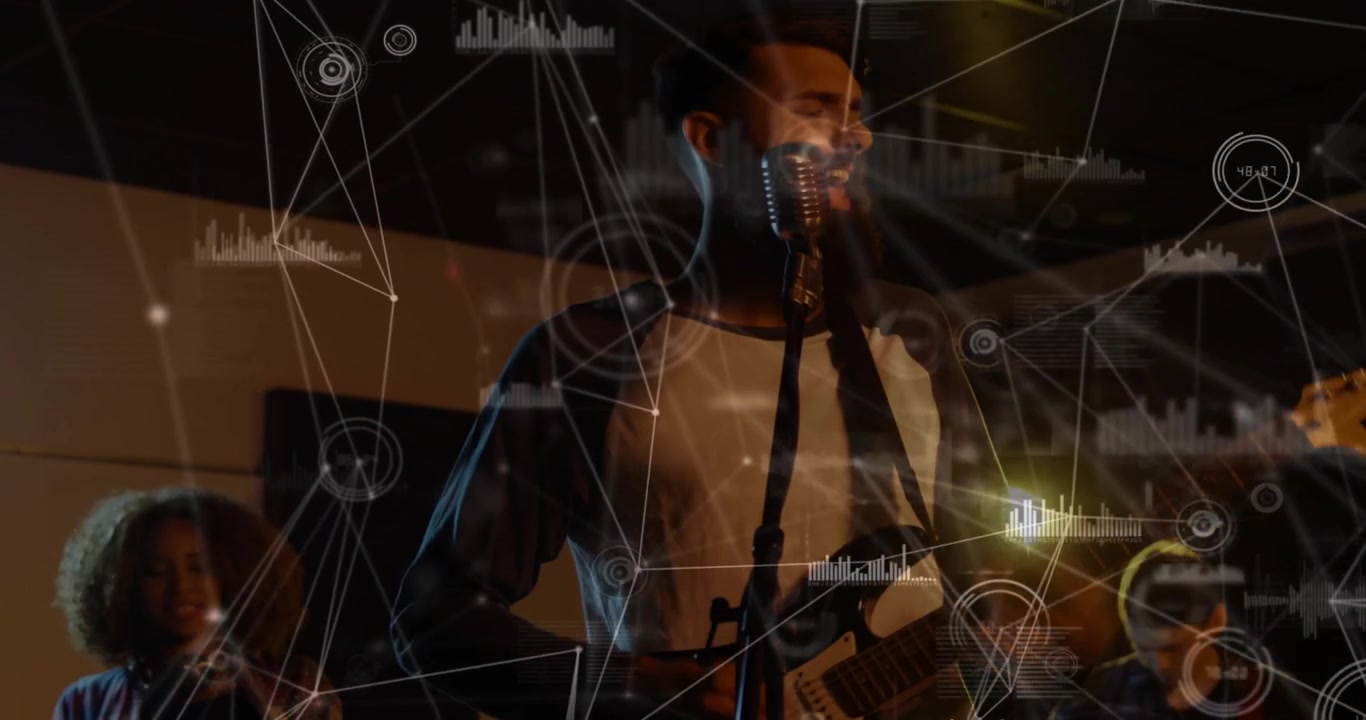 Bandleder bevæger sig fremad, kamera fokuserer på spotlight, HUD synkroniserer med mikrofon og guitar