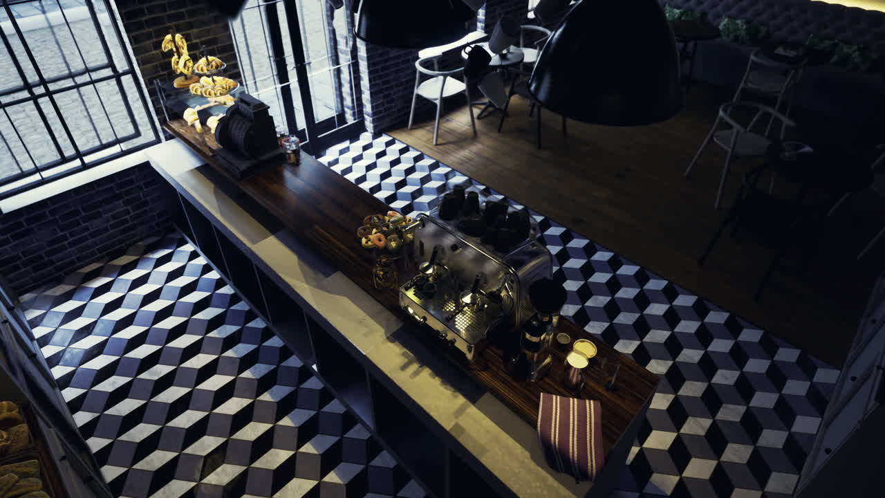 Modern cafe interior with unique flooring and coffee bar setup at daytime