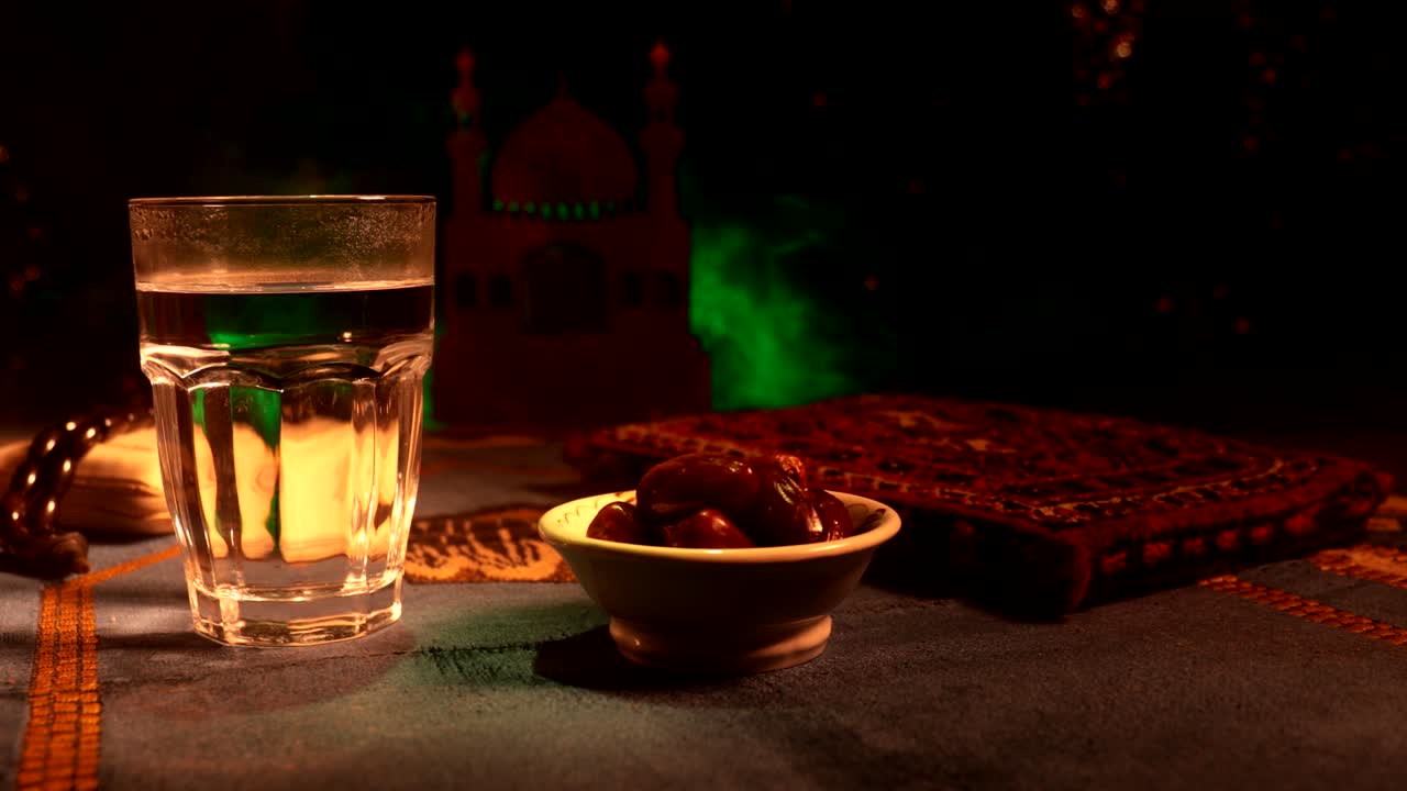 이프타르는 저녁 식사입니다. 장식의 슬라이더 뷰 라마단 카림 휴일 축제 축하 카드, 무슬림의 거룩한 달 라마단의 카림에 대한 초대. 어두운 배경. 선택적 초점