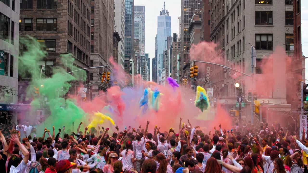 Participants dressed in white shirts gather on a bustling city street, celebrating with explosions of colorful powder. The atmosphere is filled with joy and excitement as people raise their hands, creating a stunning visual of vibrant colors against the urban backdrop. Tall buildings frame the scene