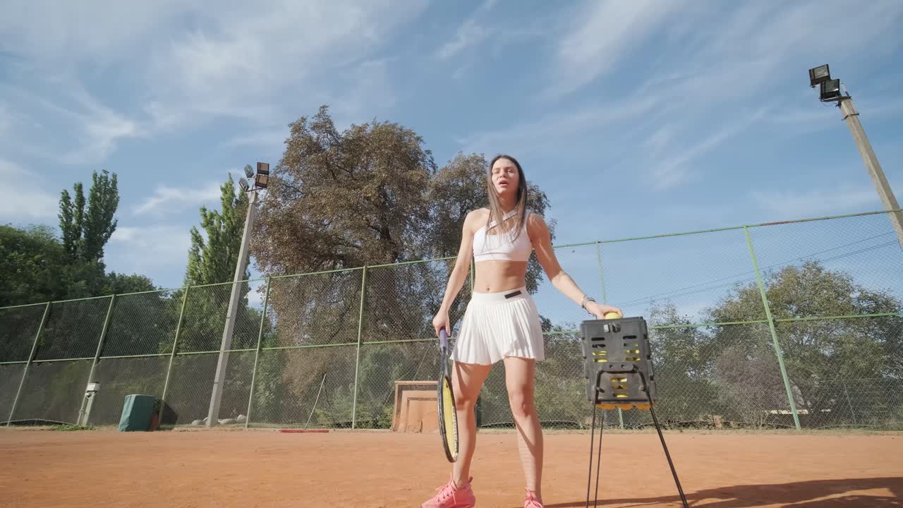 코치와 함께 야외 코트에서 테니스를 연습하는 젊은 여성. 코치는 선수가 그녀의 기술에 대해 일하면서, 운동 훈련 세션에서 그녀의 스트로크를 완성하는 동안 지침을 제공합니다.