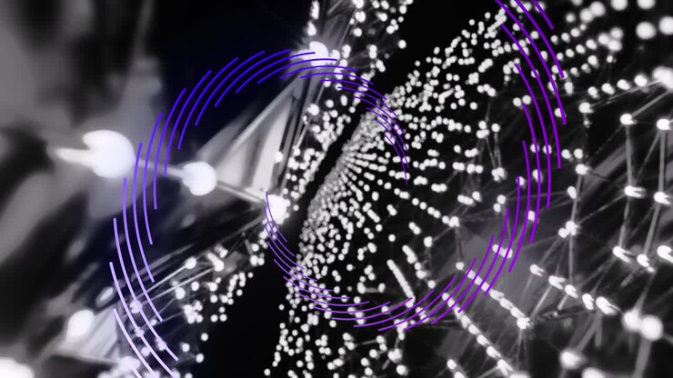 Animation of purple light trails over mesh of connections on grey background