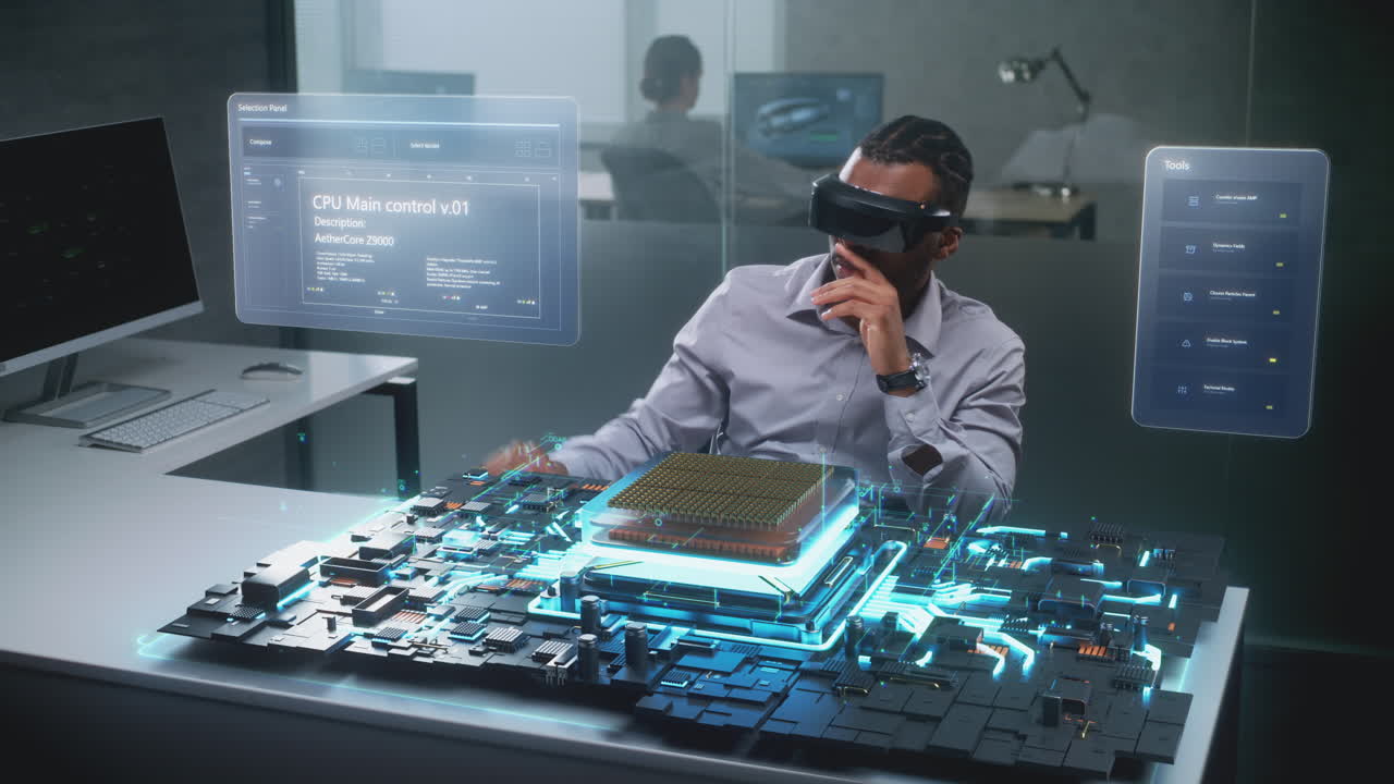 ingegnere che utilizza vr/ar per progettare e analizzare l'hardware informatico