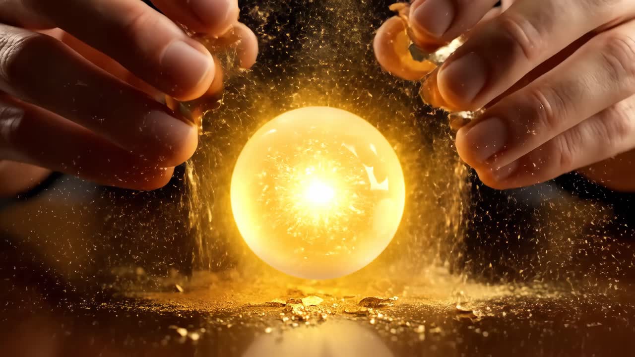 Hands Cracking Open a Golden Egg Sphere
