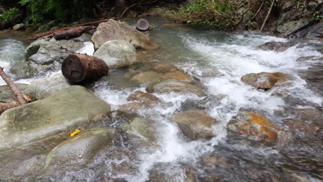 White-water-rapids-flowing-over-rocky-boulders-and-large-trees-and-logs-of-river-in-the-wilderness