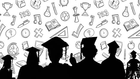 Animation-of-school-items-icons-and-silhouettes-of-students-on-white-background