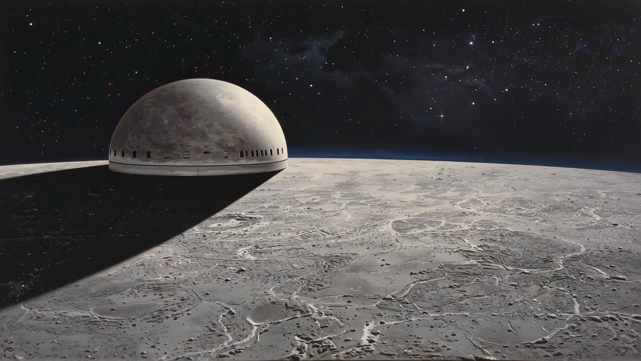 Pulling camera panning away over cratered plain at horizon, revealing dome vents and shadow