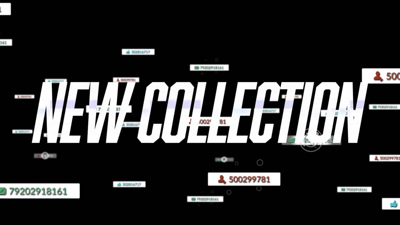 animación del texto de la nueva colección en blanco sobre las notificaciones de las redes sociales en fondo negro
