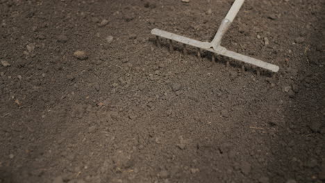 farmer leveling the ground with a rake in the garden, preparing for planting. 4k video