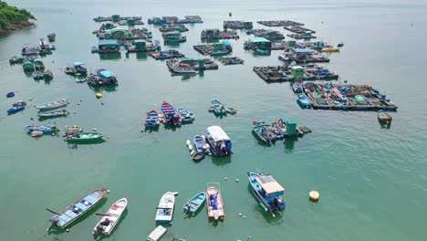 aerial over the fishing boats and rafts of the fish farms on ma wan island, hong kong, china