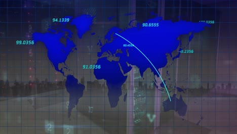 Animation-Der-Cybersicherheitsdatenverarbeitung-Und-Weltkarte-über-Dem-Serverraum-Vor-Dem-Hintergrund-Der-Stadtlandschaft