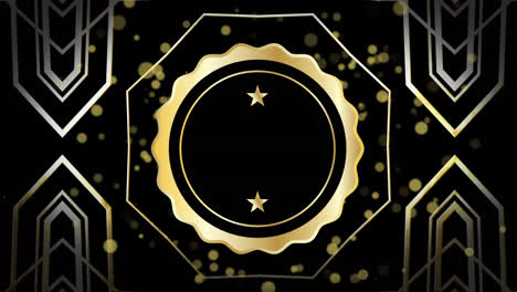 animation of medal with stars over moving golden dots and geometric shapes on black background