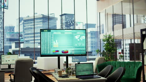 computer screen showcases business data and statistics in a boardroom