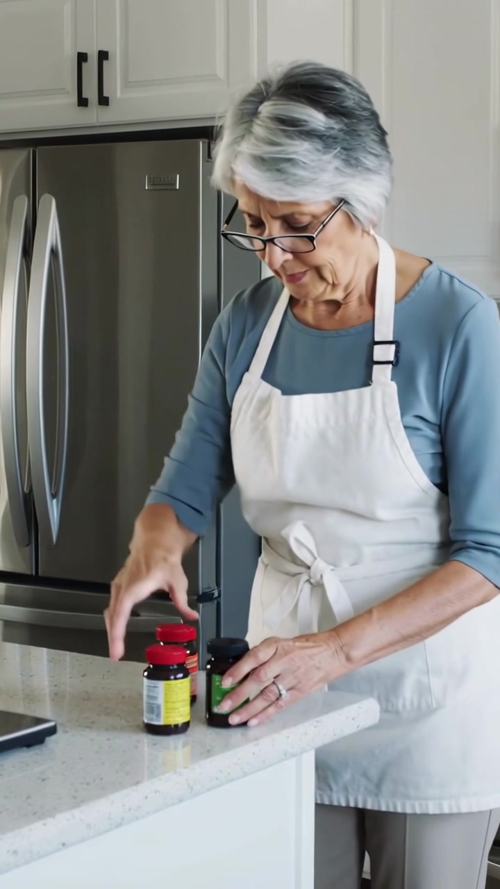 Video verticale: Un anziano in grembiule controlla un tablet, legge l'etichetta di un coperchio rosso in cucina mentre organizza le bottiglie.