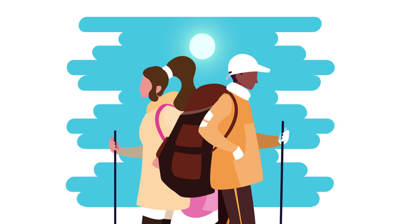 젊은 모험적 인 인종 간 커플 캐릭터 애니메이션