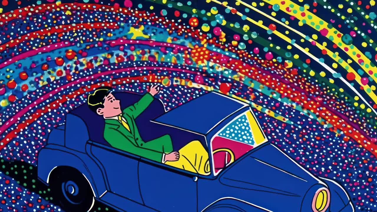 Colorful pop art style illustration of a person in a vintage car, waving