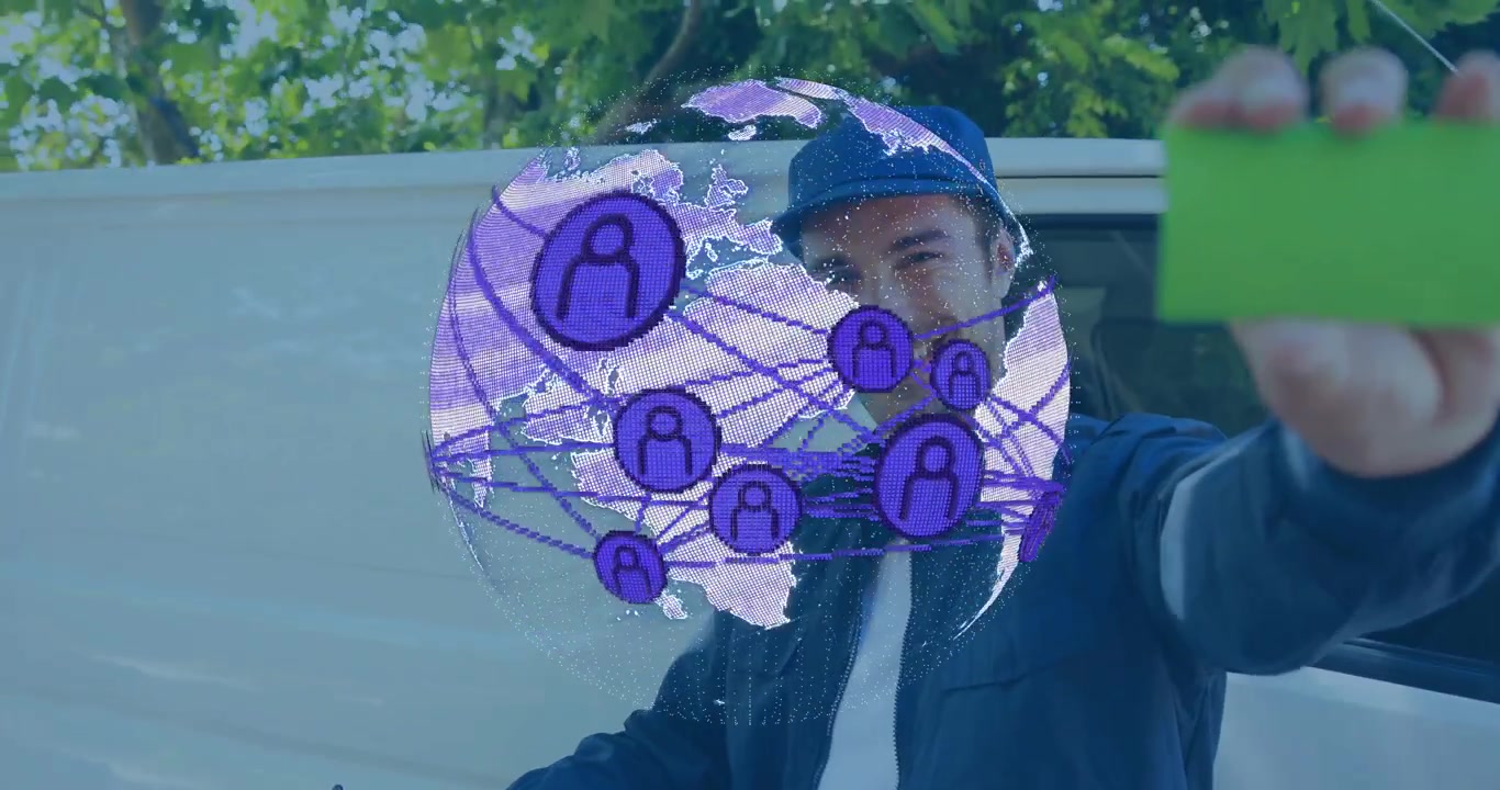 Addetto alle consegne che firma un modulo vicino a un furgone, poi mostra una carta verde mentre un globo viola ruota per la logistica