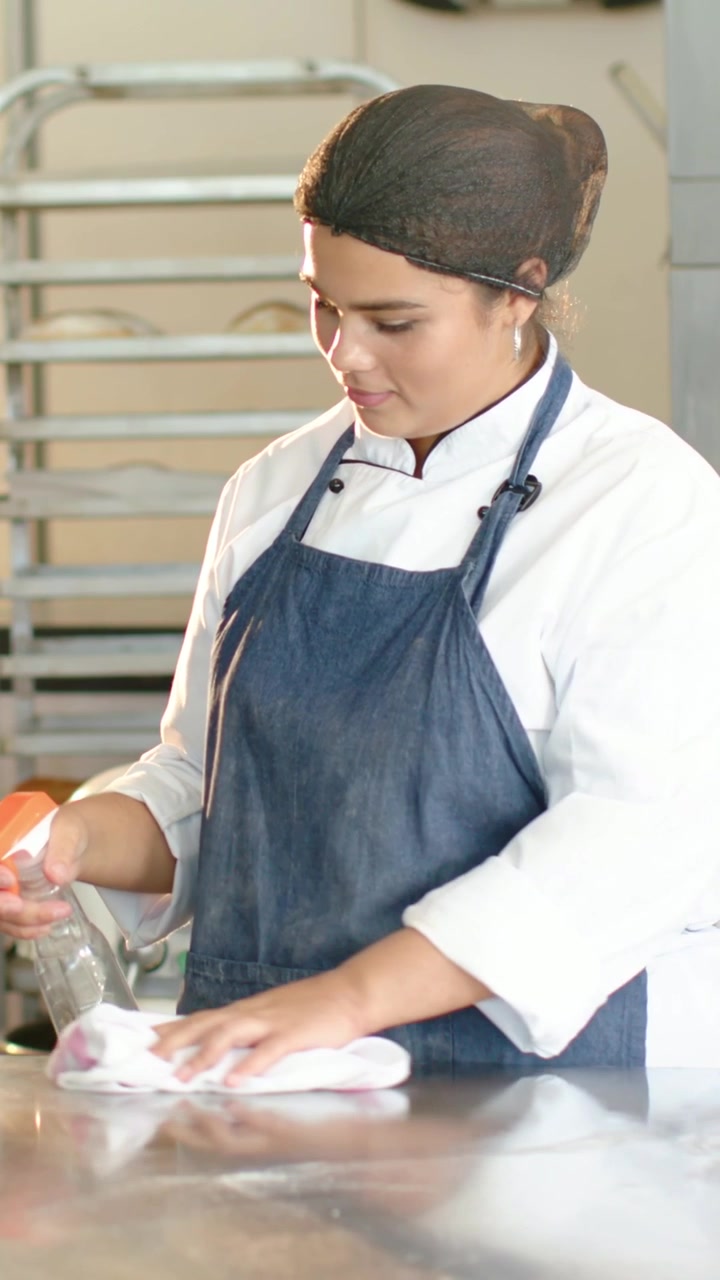 Video vertical: Chef con chaqueta girando la boquilla y rociando, limpiando una mesa en la panadería con un paño.