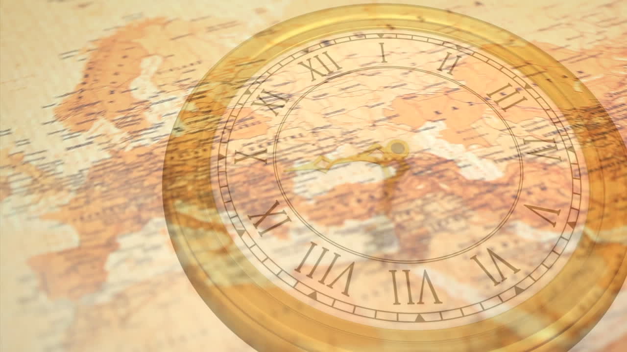 회전하는 빈티지 세계 지도 위에 빠르게 움직이는 빈티지 시계의 애니메이션