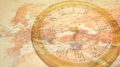 animation of vintage clock moving fast over spinning vintage world map