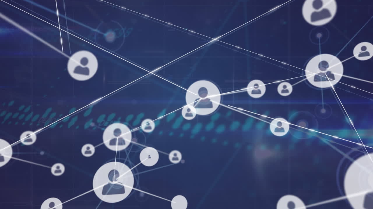 Animation of network of connections with people icons over blue background