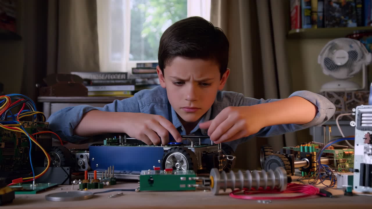 Young Boy Engaged in Electronics and Robotics Project