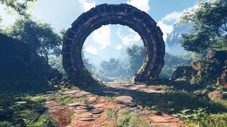 A large archway in the middle of a lush green forest