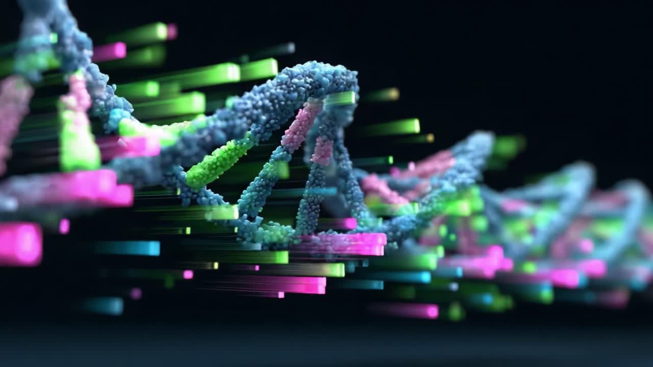 Vibrant Visualization of DNA Structure with Glowing Colors and Dynamic Movement Capturing the Essence of Genetic Composition in a Virtual Environment