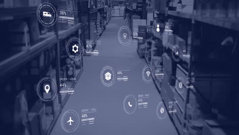 animation of icons with data processing over warehouse