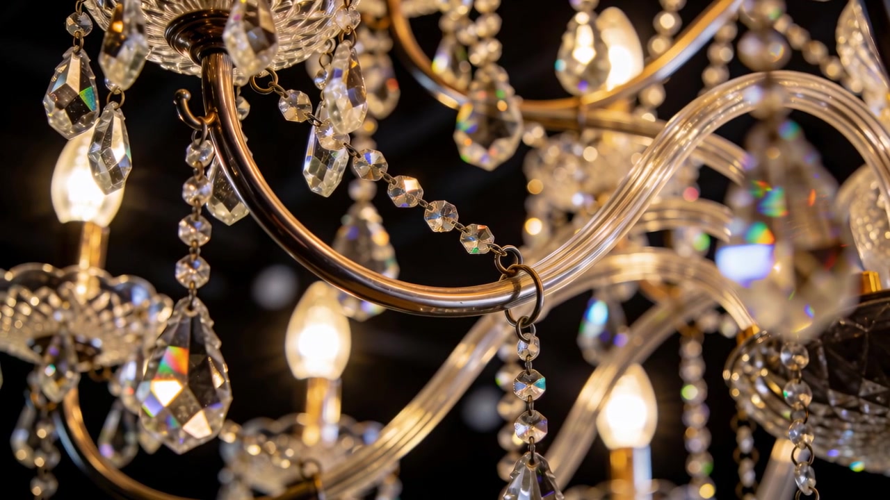 Showroom tavanındaki kristal avizeyi gösteren kaydırılan kamera, kristal boncuk zincirlerini ortaya çıkarıyor.
