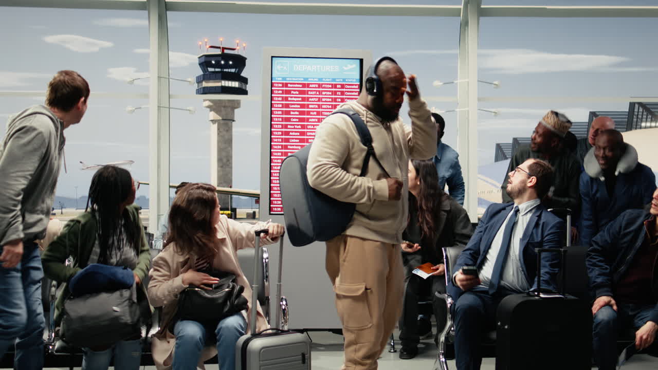 Frustrated tourists see red status update on screen showing cancelled flights